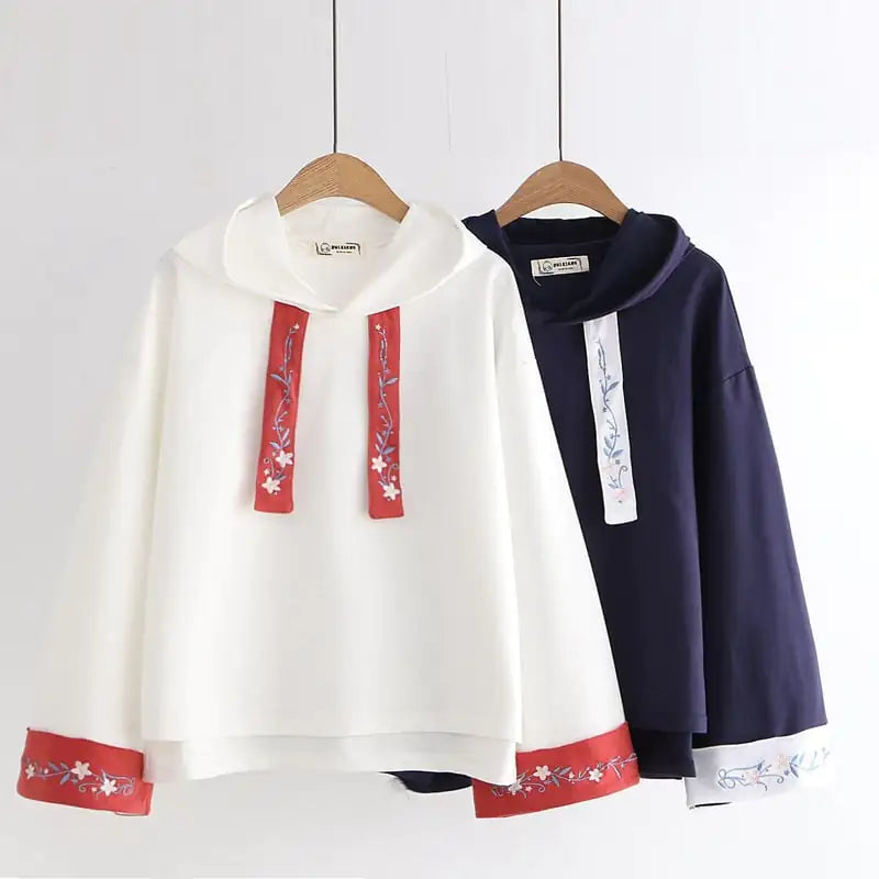 Hooded Solid Color Embroidery Hoodie for Women
