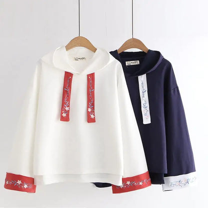 Hooded Solid Color Embroidery Hoodie for Women