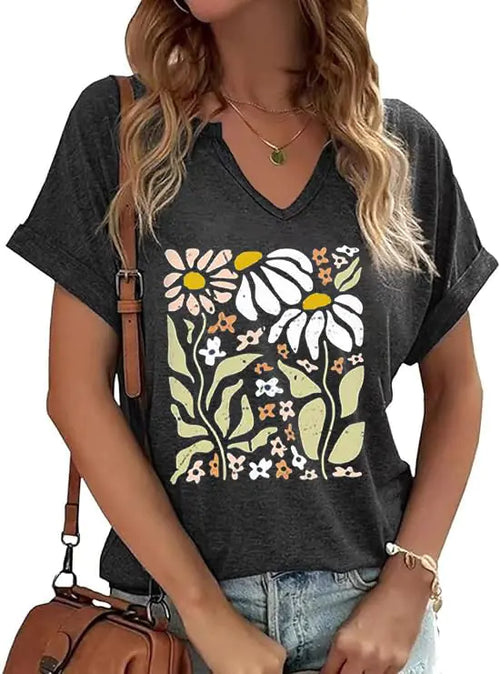 PUCKOLITY Vintage Flower V Neck Shirts