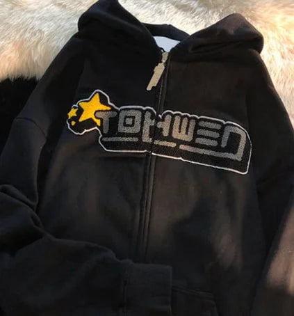 Letter Embroidery Loose Flocking Hoodie for Women