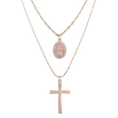 Cross Virgin Mary Pendant, Cross Necklace, Layered Coin Necklace