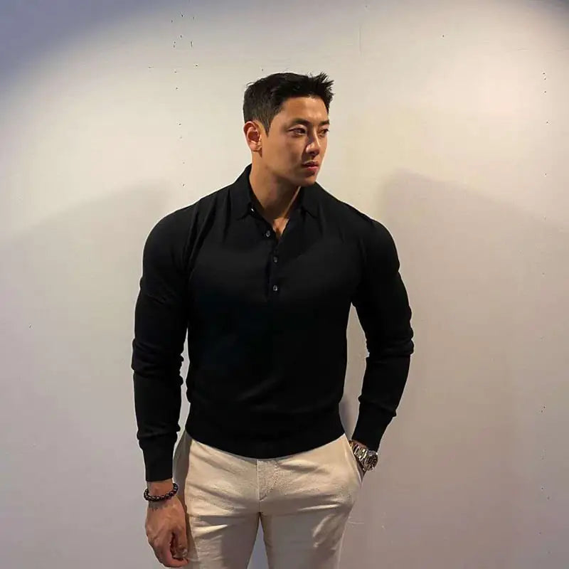 Slim Long-Sleeved Cotton Polo T-Shirt for Men