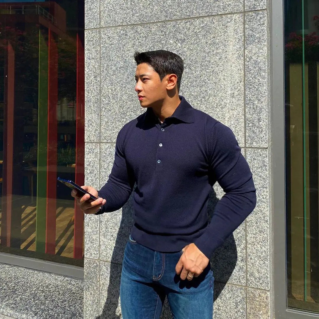 Slim Long-Sleeved Cotton Polo T-Shirt for Men