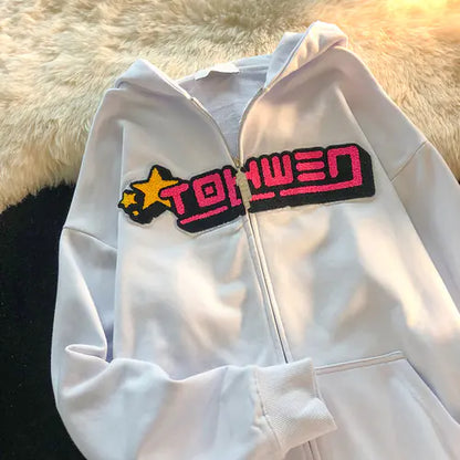 Letter Embroidery Loose Flocking Hoodie for Women