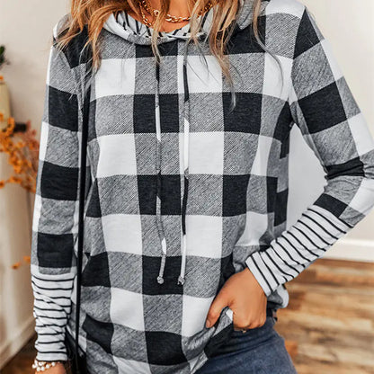 Casual Plaid Stitch Hoodie for Women