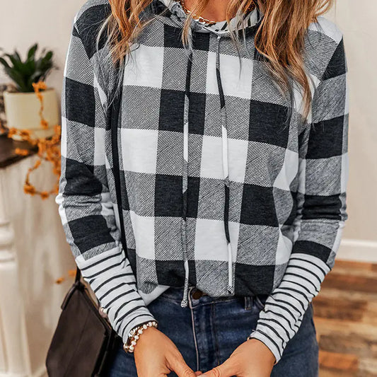 Casual Plaid Stitch Hoodie for Women