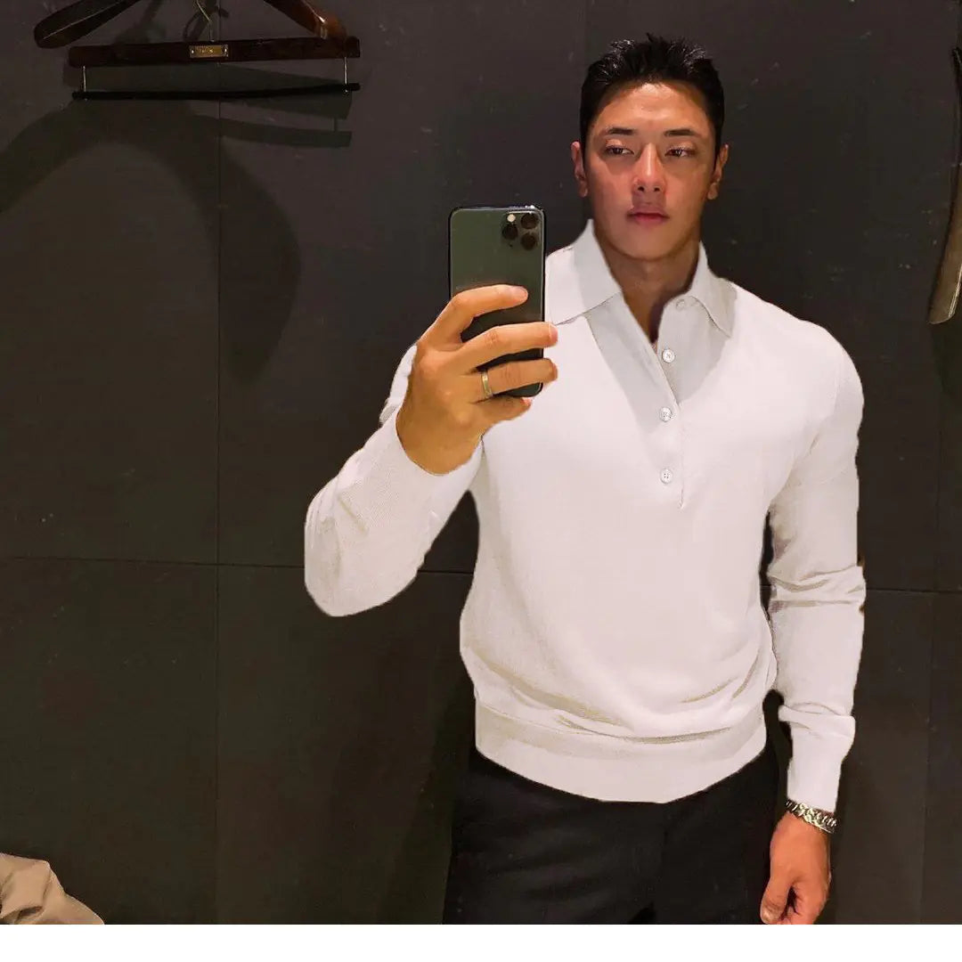 Slim Long-Sleeved Cotton Polo T-Shirt for Men