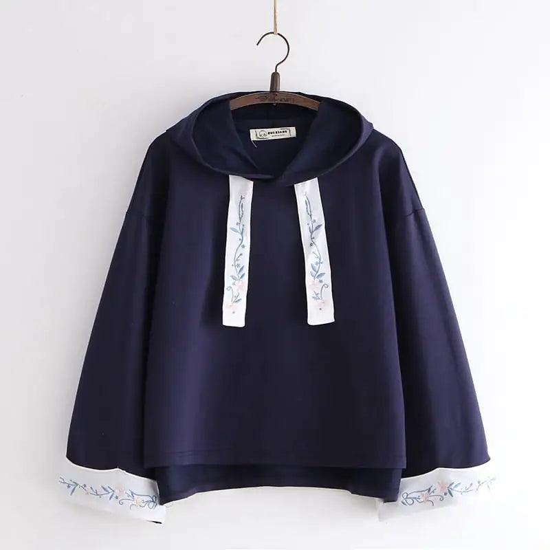 Hooded Solid Color Embroidery Hoodie for Women