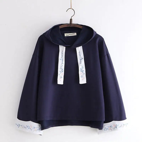 Hooded Solid Color Embroidery Hoodie for Women