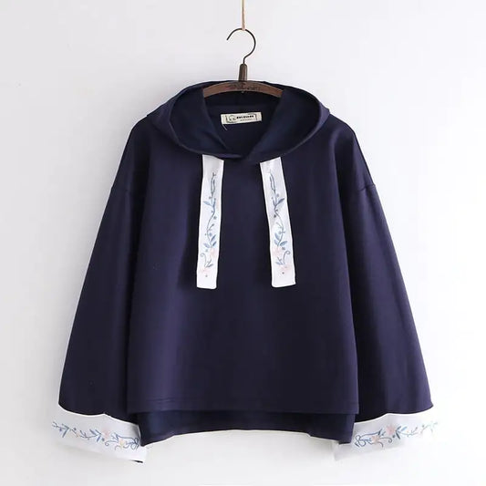 Hooded Solid Color Embroidery Hoodie for Women