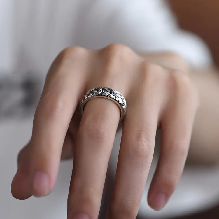 999 Sterling Silver Embossed Auspicious Cloud Ring