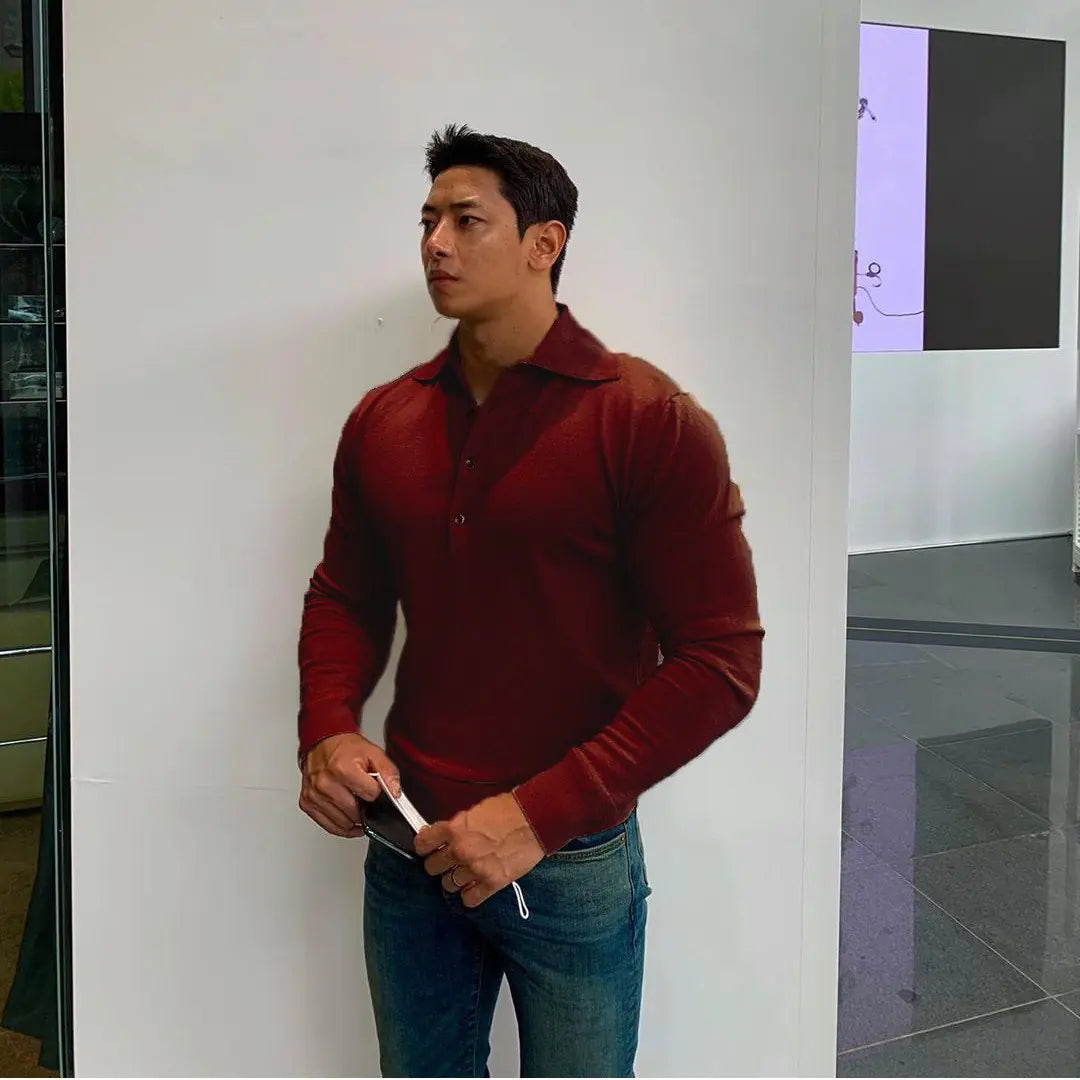 Slim Long-Sleeved Cotton Polo T-Shirt for Men