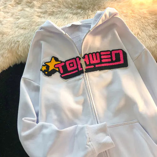 Letter Embroidery Loose Flocking Hoodie for Women