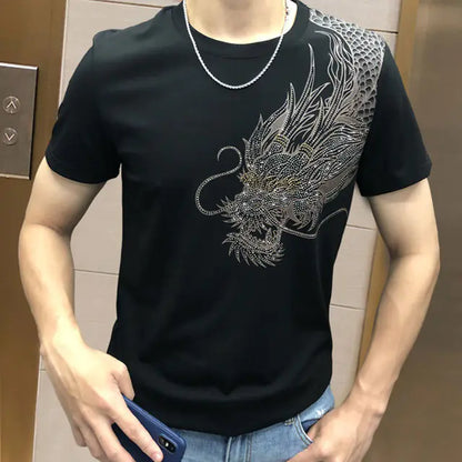 Dragon Rhinestone Short Sleeve T-Shirt for Men 2023